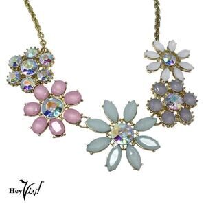 ETC Statement Necklace Iridescent Pastel Flowers & Rhinestone 32" Chain -Hey Viv